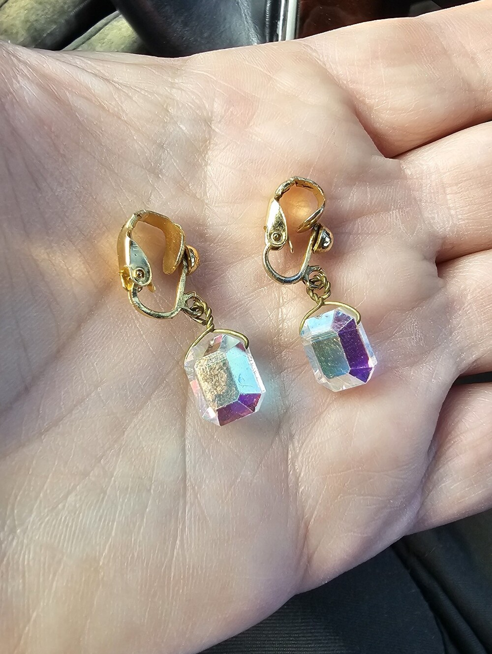 Vintage 1960s AB Crystal Glass Drop Clip On Earrings